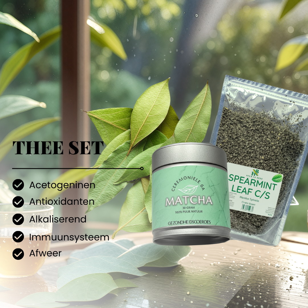Thee set: Ceremoniele Matcha, Kruizenmunt & Zuurzak bladeren